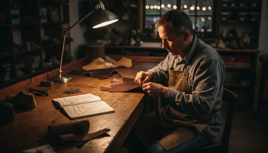 Artisan shoemaker hand-stitches leather shoe in workshop