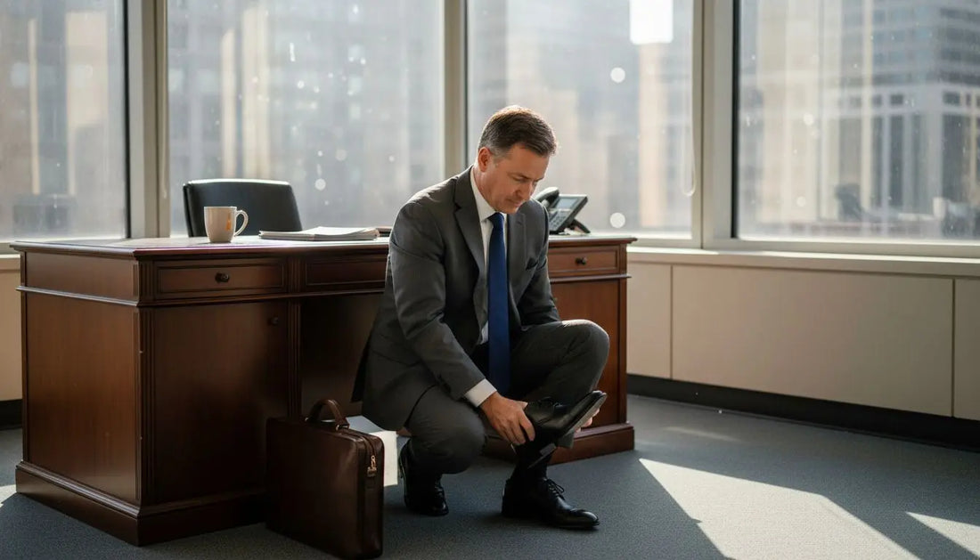 Man putting on Oxford shoes in office