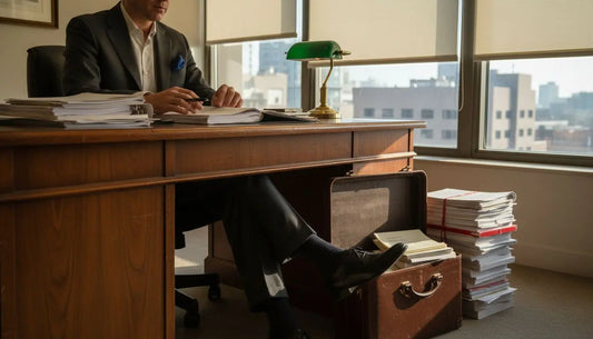 Notary wearing luxury Oxfords at desk