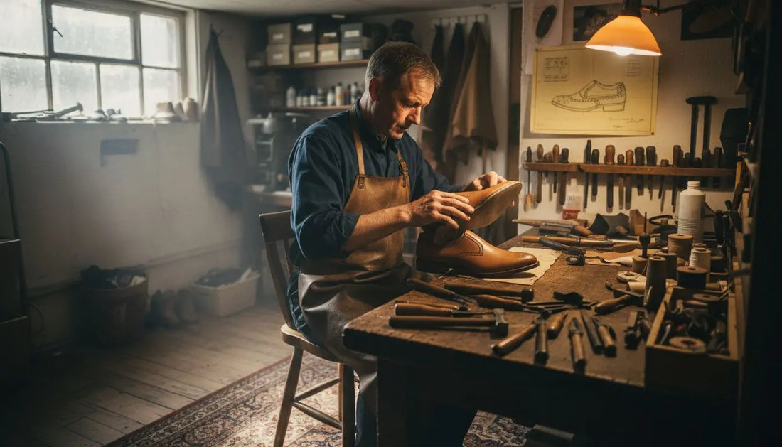 Shoemaker crafting luxury shoe in workshop