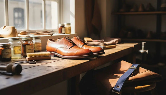 Pair of patina leather shoes on cobbler bench
