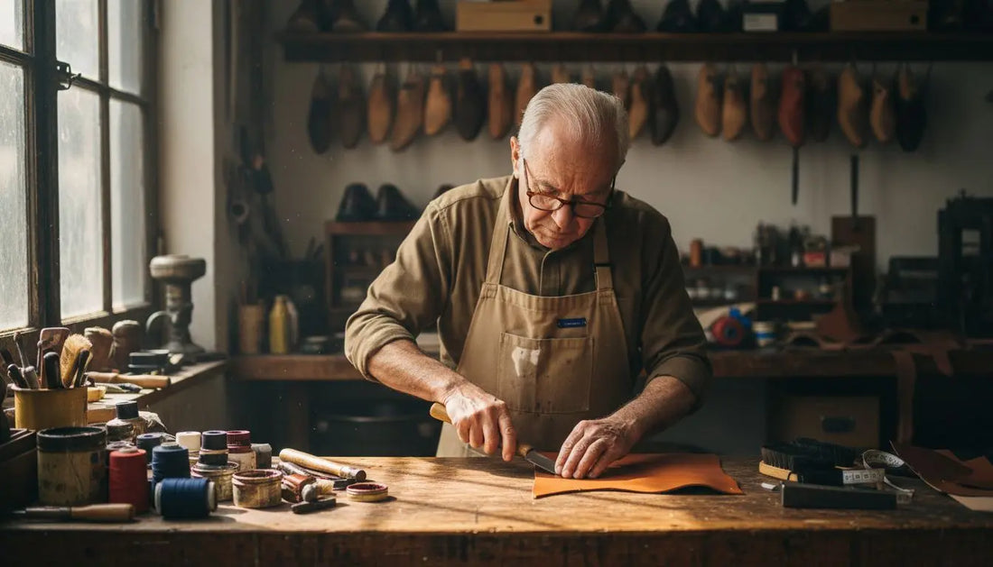 Artisan shaping leather in traditional workshop