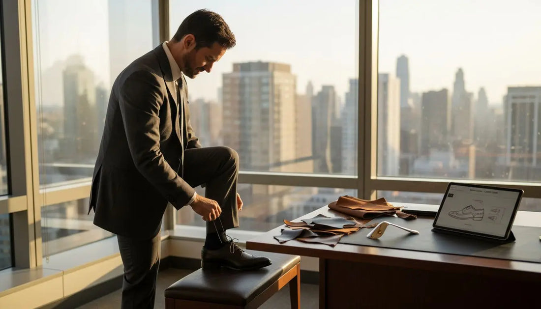 Professional lacing custom formal shoes in corner office