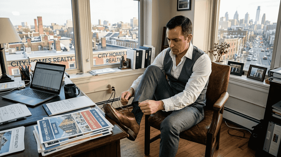 Real estate agent lacing handcrafted shoes in office