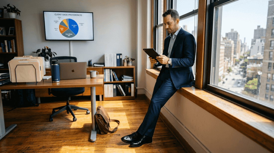 Consultant in corner office wearing dress shoes