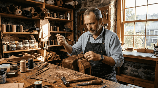Leather craftsman hand-stitching at workbench
