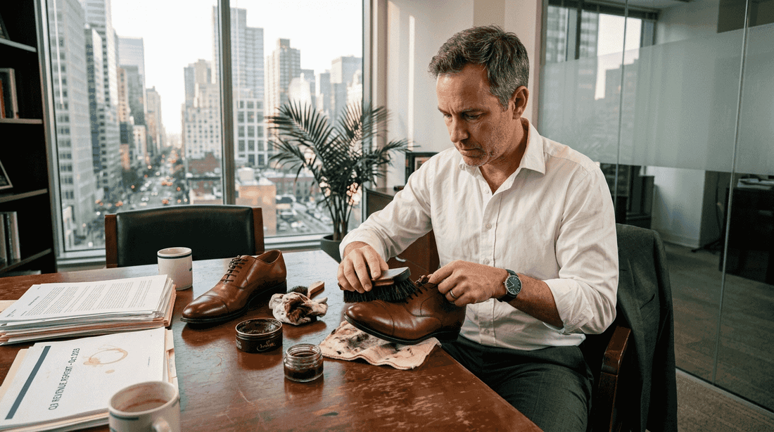 Businessman polishing luxury shoes in office