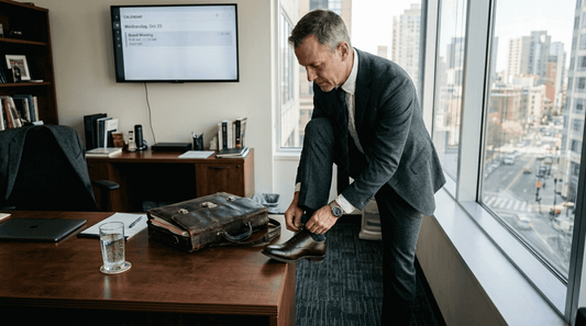 Executive adjusting luxury shoes in office