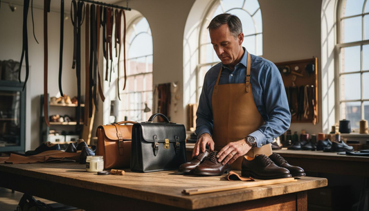Artisan inspecting luxury leather goods display