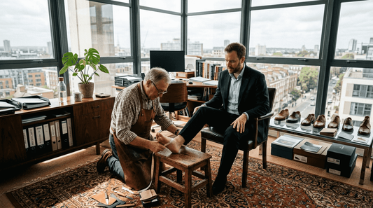 Professional getting foot measured for custom shoes