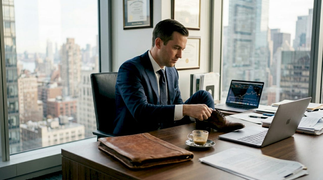 Banker putting on custom dress shoes in office