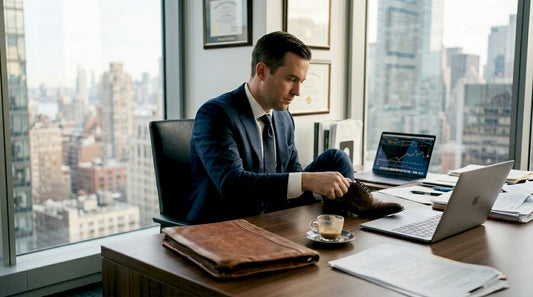 Banker putting on custom dress shoes in office