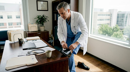 Surgeon putting on dress shoes in hospital office