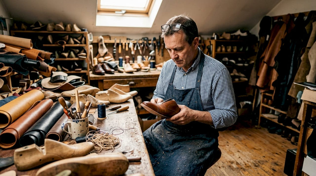 Shoemaker crafting luxury shoes at workbench