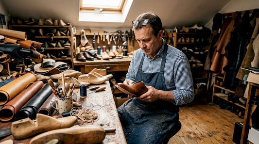 Shoemaker crafting luxury shoes at workbench