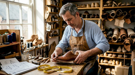 Shoemaker fitting luxury shoe in studio