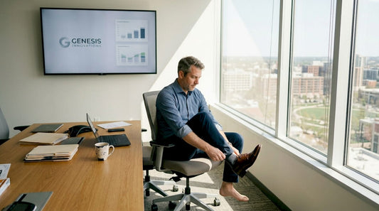Manager putting on personalized dress shoes in office