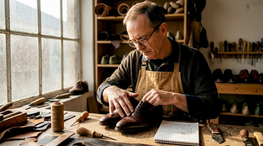 Shoemaker examining hand-stitched luxury leather shoes