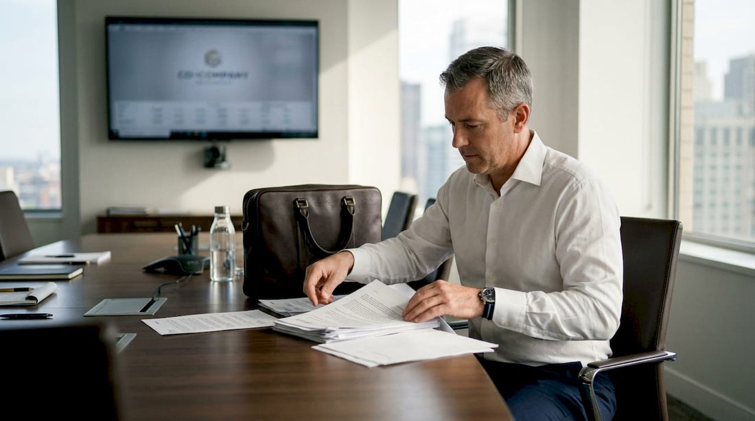Executive with luxury leather briefcase in office