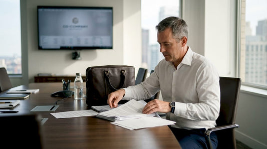 Executive with luxury leather briefcase in office
