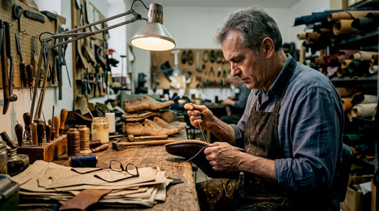 Shoemaker hand-stitching leather in busy workshop