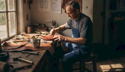 Shoemaker working leather over wooden last
