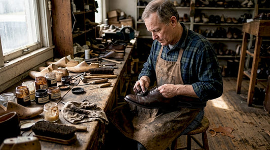 Artisan polishing bespoke men’s shoe in workshop