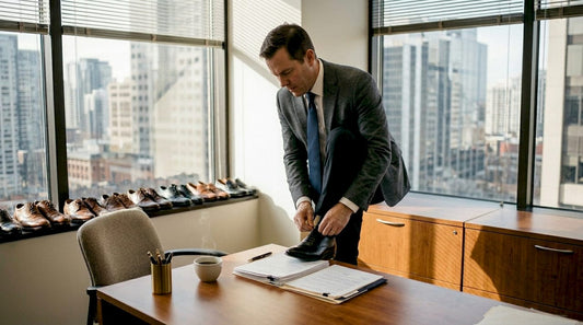 Notary adjusting shoes at office desk