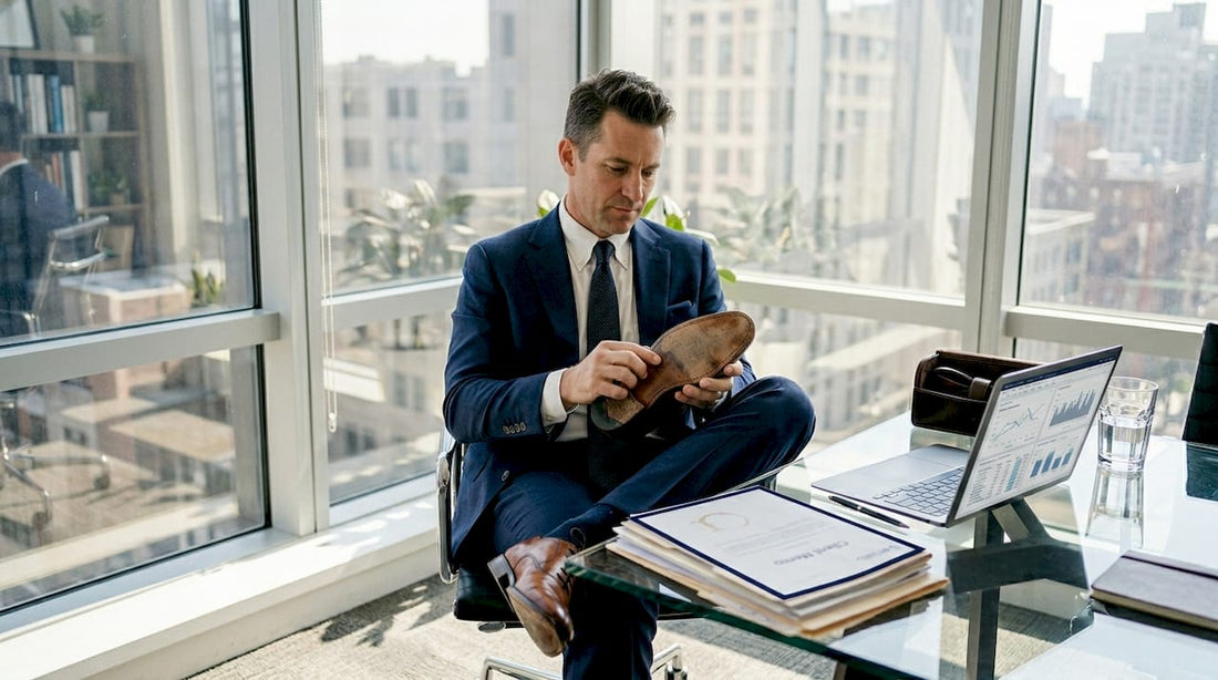 Businessman inspecting shoe construction in office