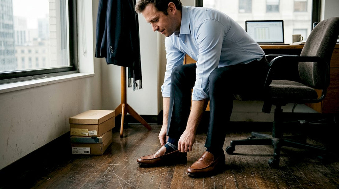 Professional putting on brown leather loafers in office