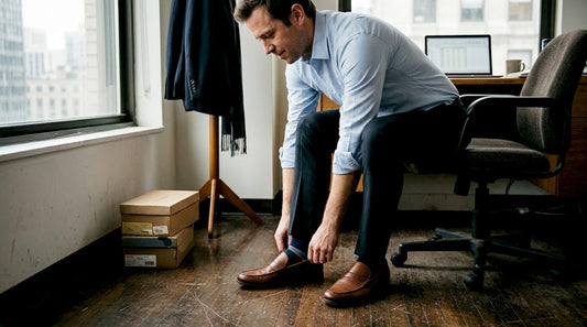 Professional putting on brown leather loafers in office